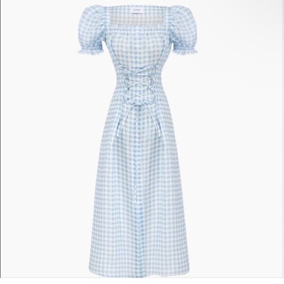 Sleeper Women's Blue Vichy Marquise Corset Linen Dress Gingham Midi Lace Up S - Picture 1 of 8